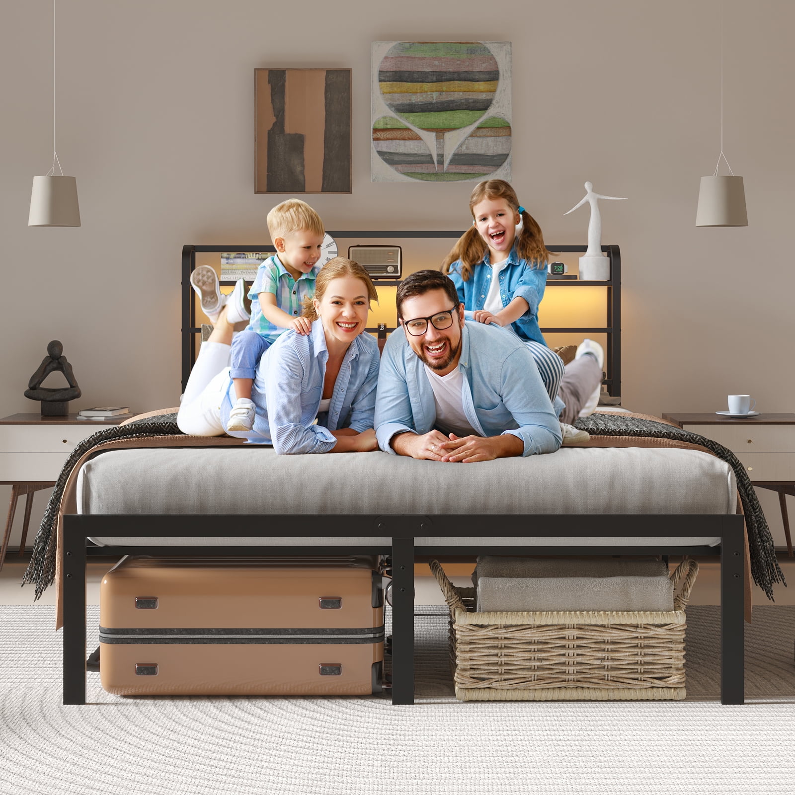 NISIEN Queen Size Bed Frame with LED Storage Headboard & Charging Station, Metal Platform Bed, Black