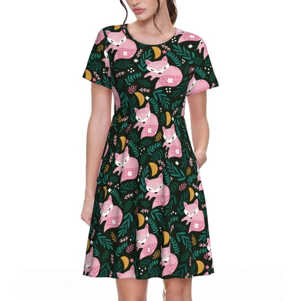 Balery Pink Sleeping Fox Vestidos sueltos de manga corta para mujer, vestidos de verano 2025, vestidos casuales de corte A con vuelo.