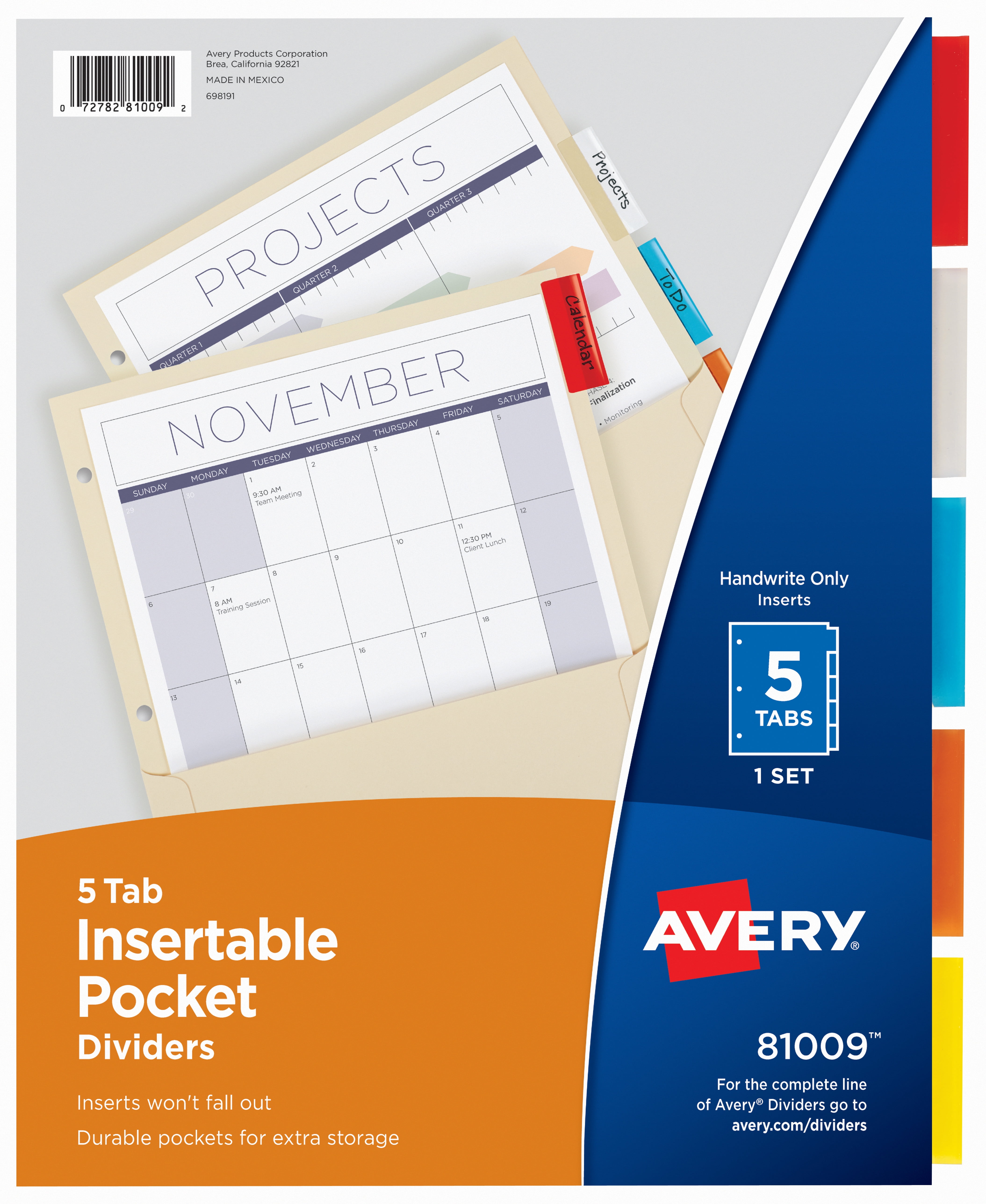 Avery Insertable Dividers with Pockets, 5 Multicolor Tabs, 1 Set