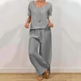 thumbnail image 5 of Fmbrln Womens Plus Size Linen 2 Piece Sets Summer Casual V Neck Short Sleeve Tops and Drawstring Elastic Waist Wide Leg Pants Sets Lounge Outfits Gray 3XL, 5 of 5