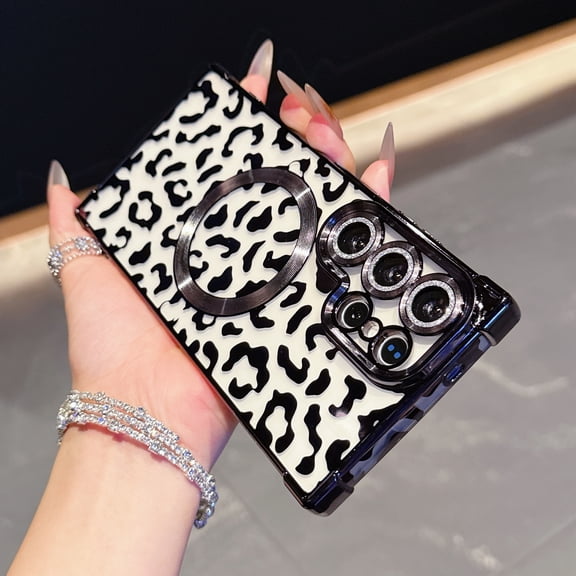 for Samsung Galaxy S26 Magnetic Case, Luxury Leopard Print Pattern Plating Phone Case with Glitter Bling Lens Circle Wireless Charging Clear Shockproof Cover for Women Girls, Black
