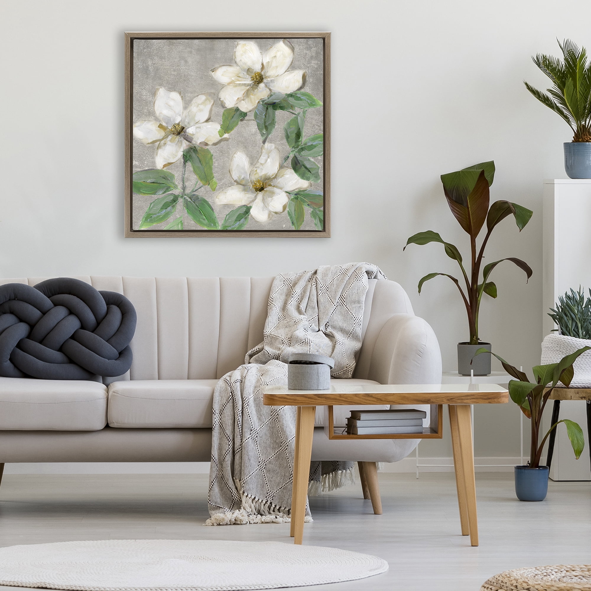 Stupell Industries Ivory Magnolia Trio Brown Framed Floater Canvas Wall Art, design by Sally Swatland