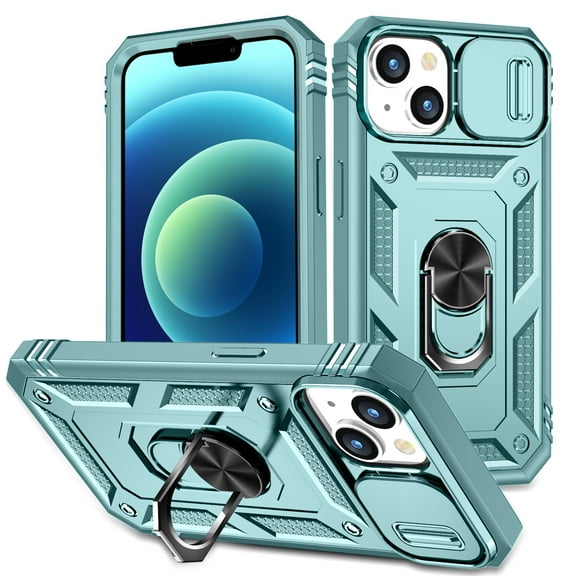 Dteck Case for iPhone 15 with Slide Lens Cover, Shockproof Finger Ring Holder Stand, Military Grade Drop Protection fit Magnetic Car Mount for iPhone 15, Green