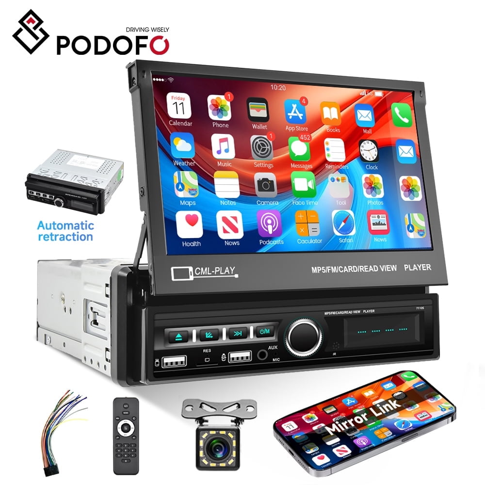 Podofo Single Din 7" Automatic Motorized Flip Out Screen Car Stereo Radio with Mirror Link Backup Camera