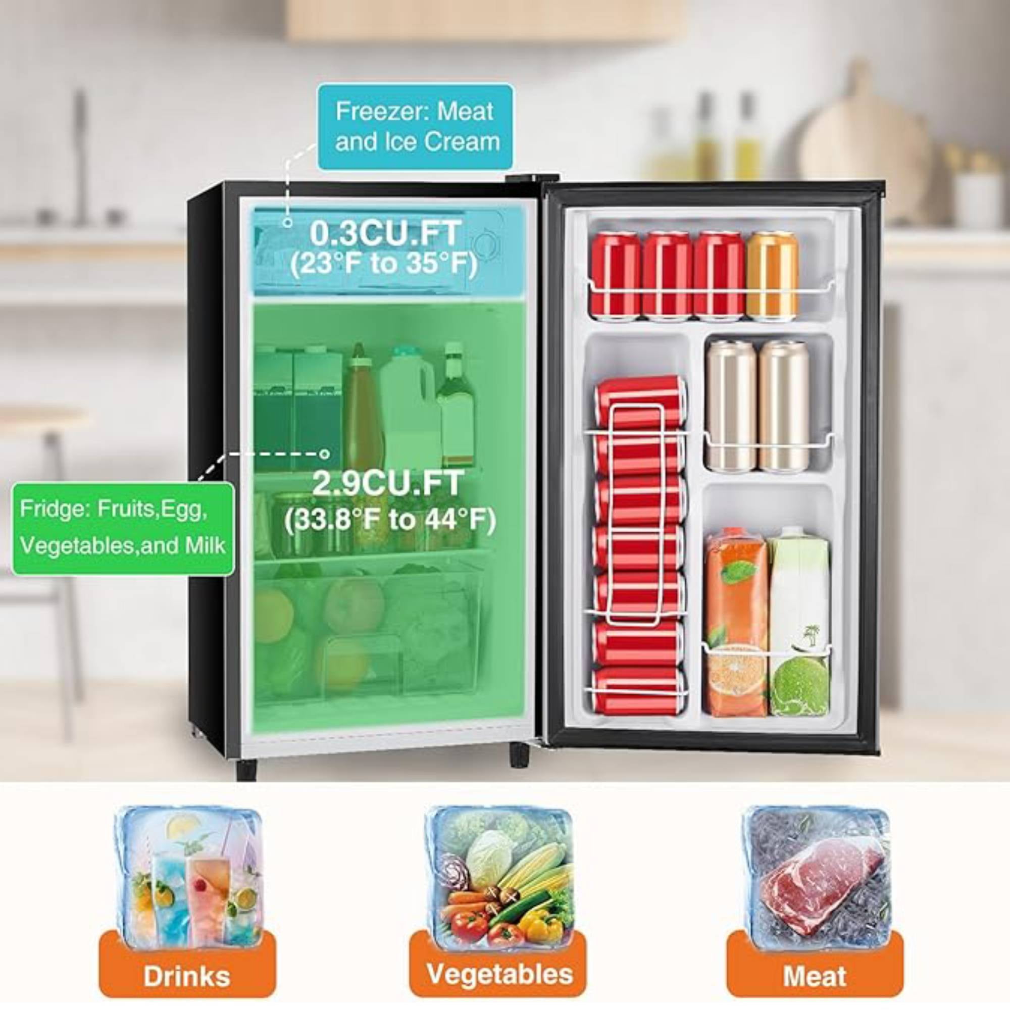 3.2 Cu.Ft Mini Fridge with Freezer Single Door Small Refrigerator with Adjustable Thermostat for Apartment,Dorm, Office, Silvery