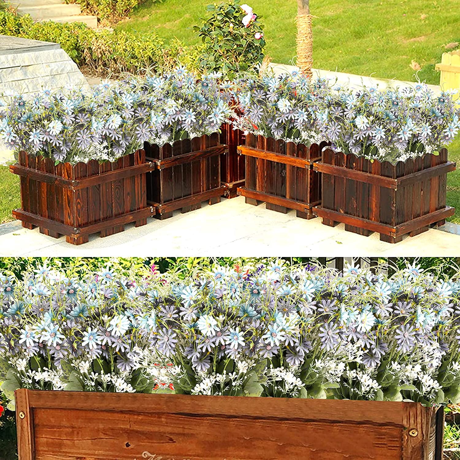 Morttic 12PCS Artificial Wildflowers Daisy Bundles Fake Silk Flowers Greenery Plastic Faux Plants UV Resistant Cemetery Floral for Grave Vase Arrangements Outdoor Decor (Blue)