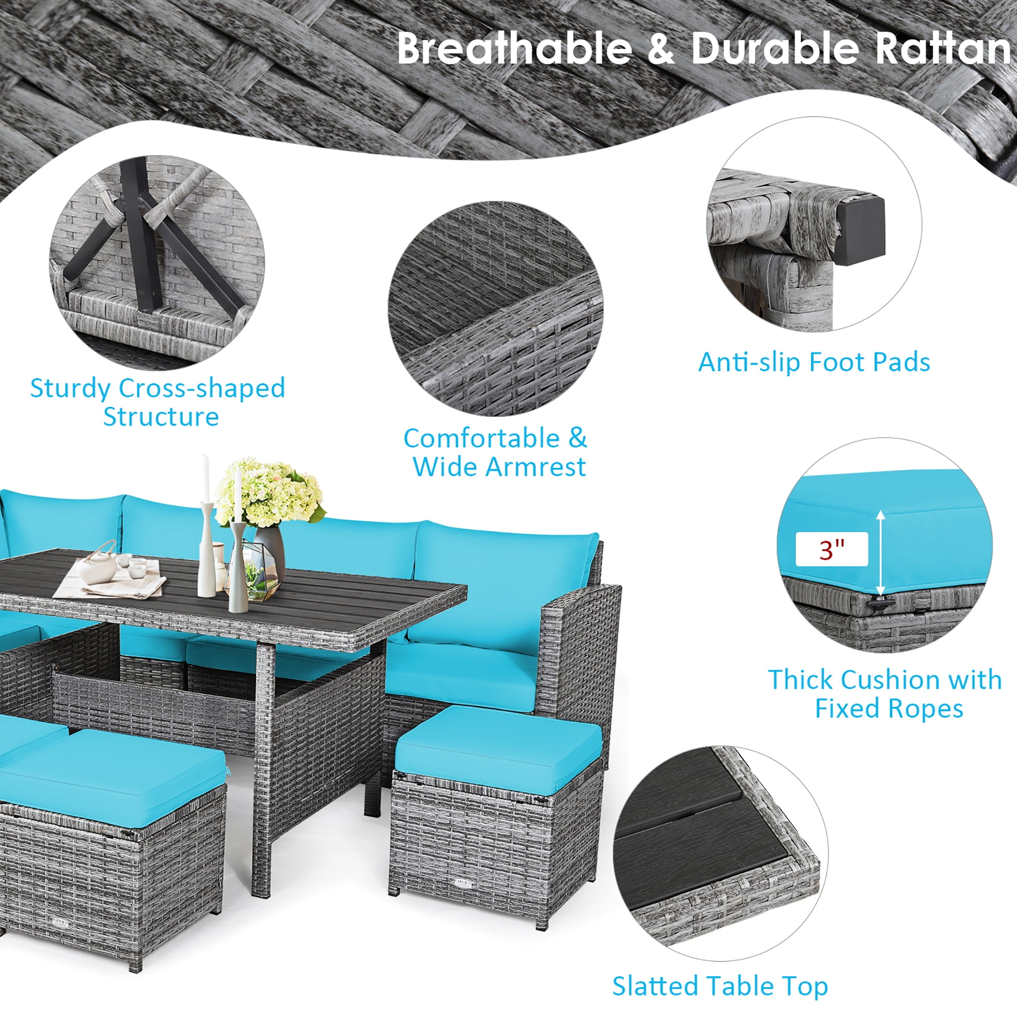Costway 7 PCS Patio Rattan Dining Set Sectional Sofa Couch Ottoman Garden  Turquoise