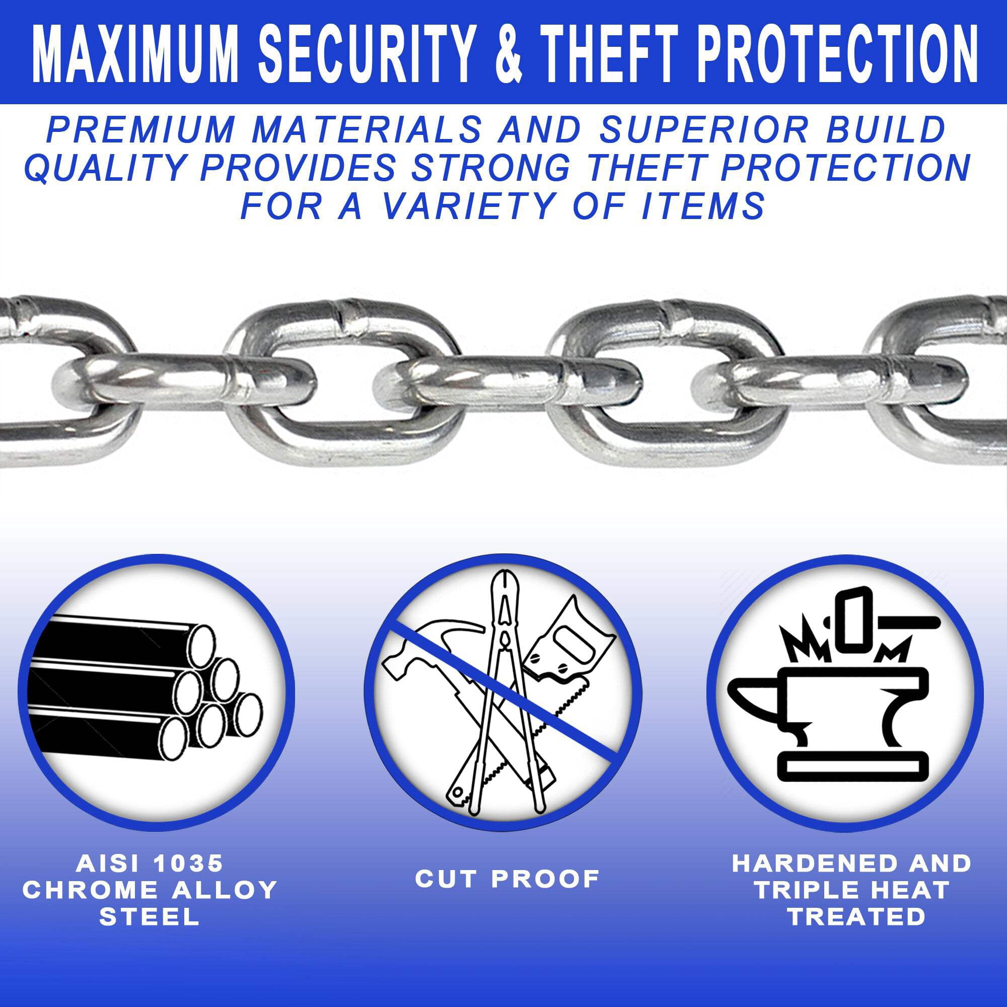 DocksLocks 3ft Weatherproof Cinch Style Security Chain (3ft/6ft/10ft) - Heavy Duty, Marine Grade Steel, Theft Prevention Strong Multi-Purpose Lock - 2.75 lbs
