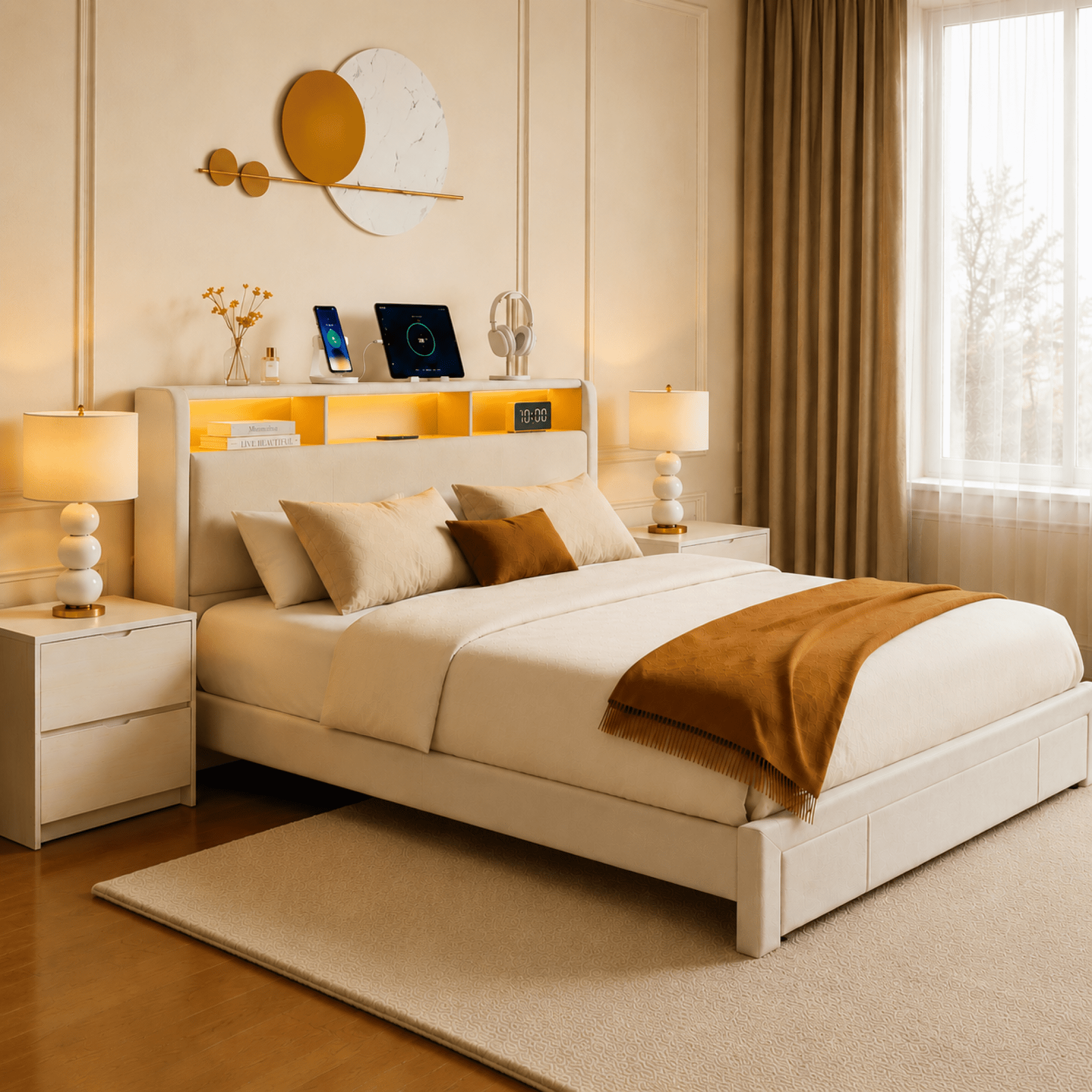 Leumius Queen Size Bed Frame,Upholstered Platform Bed Frame with LED & Charging Station,Drawers and Storage Headboard,Noise-Free, No Box Spring Needed,Beige(Queen)
