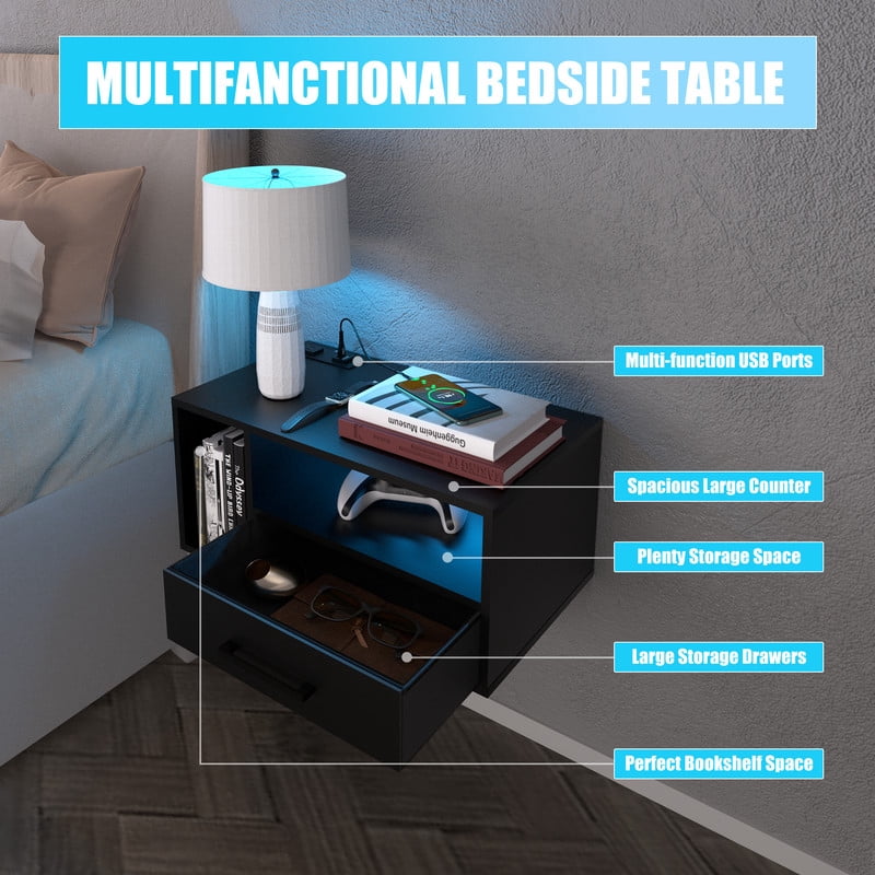 LED Nightstand with Remote Control 26.8” Modern Floating Nightstand with USB Port and Outlet for Bedroom, Black