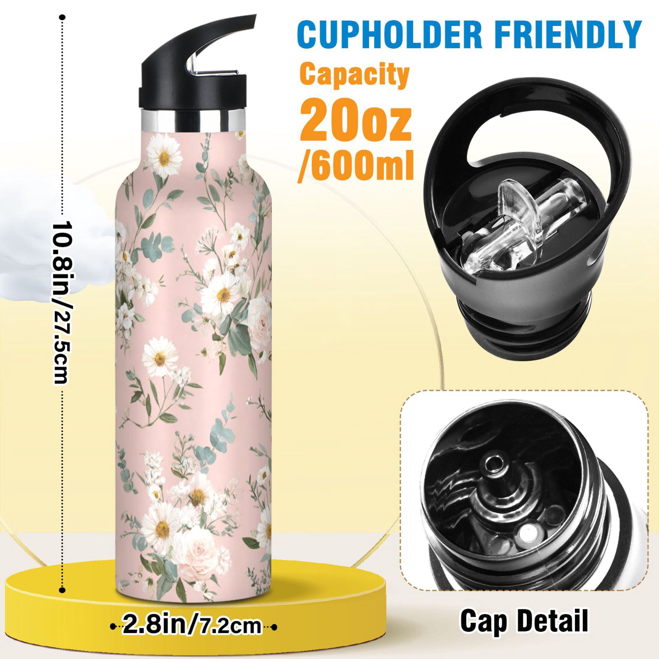 Kids Insulated Stainless Steel Sports Water Bottle 600ml Small White and Pink Flowers