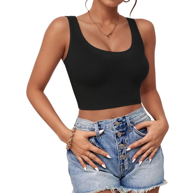 Top corto AURUZA sin mangas con cuello en U básico negro para mujer
