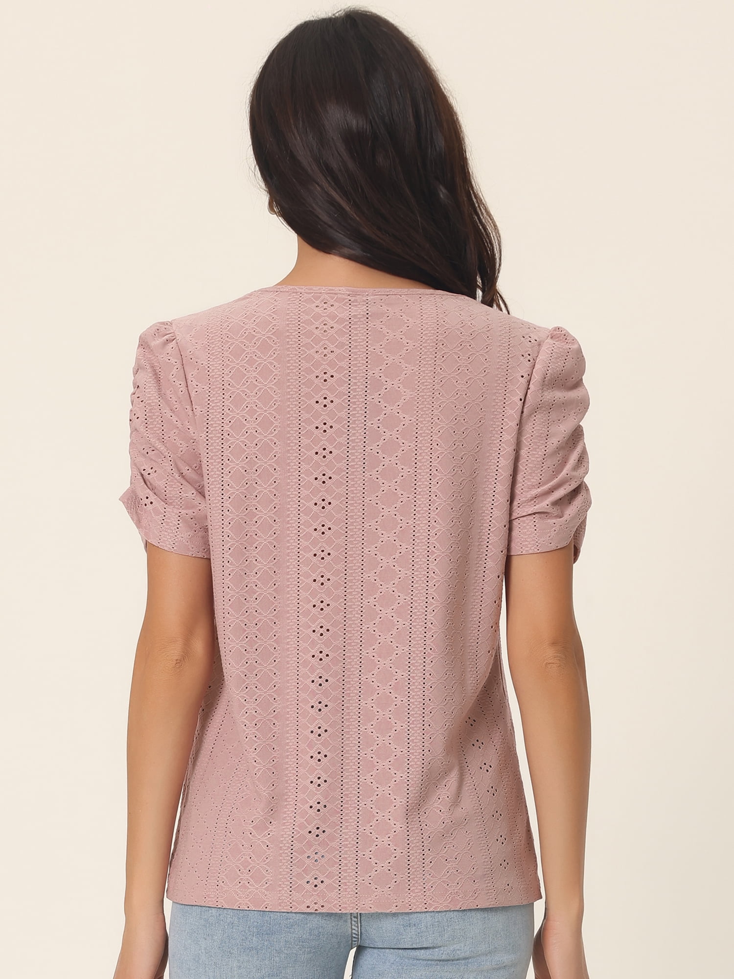 Unique Bargains Women's Ruched Short Sleeve Eyelet Dressy Crewneck Blouses T Shirts S Dusty Pink