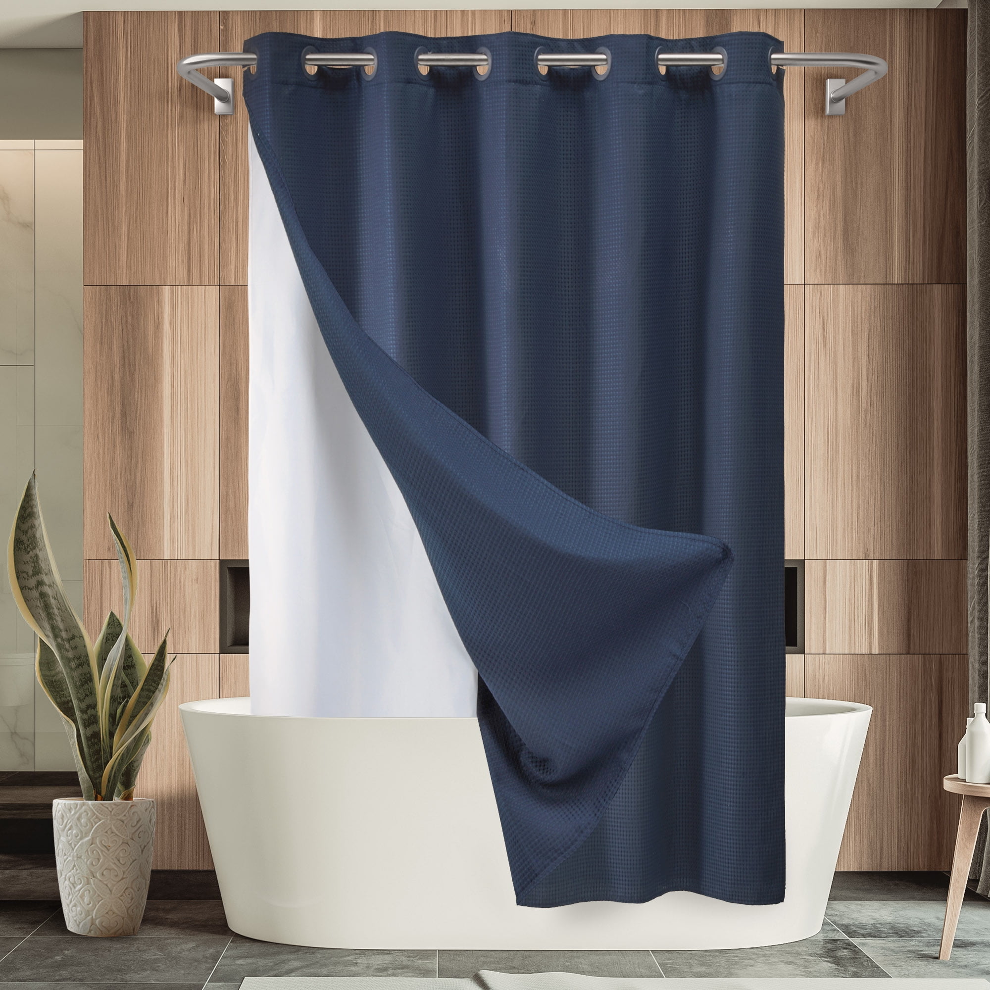 Barossa Design No Hooks Fabric Shower Curtain with Snap-in Liner Waffle Weave- Machine Washable, 71' x 77', Navy