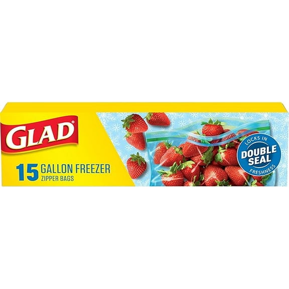 Glad Zipper Freezer Storage Plastic Bags, Gallon, 15 Count (Package May Vary)