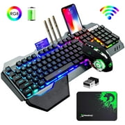 Wireless Gaming Keyboard and Mouse with Rainbow LED 16RGB Backlit Rechargeable 4800mAh Battery Metal Panel Mechanical