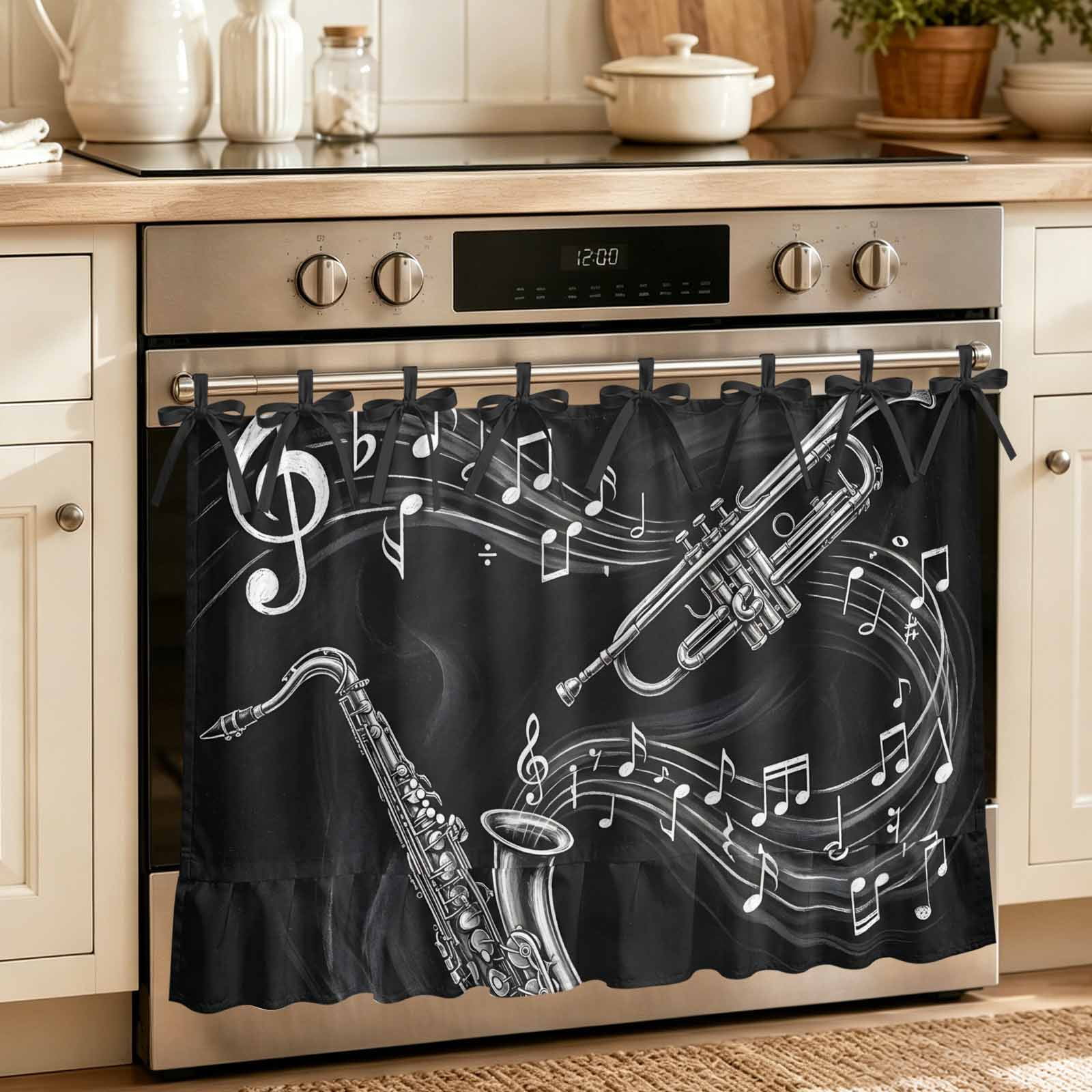 Saxophone Music Oven Curtain with Tie Top Oven Skirt Curtain for Kitchen Modern Jazz Music Notes Black Under OvenCover Panel for Dust & Grease Protection Apartment RV Cabinet Curtains 27 x20
