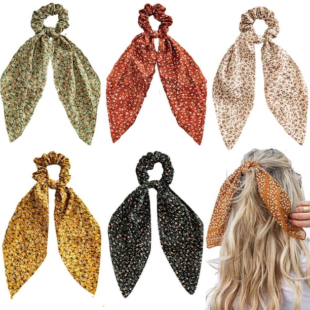 5 unidades de bufanda floral para el pelo con lazo para mujer y niña, coleteros para el pelo, coleteros con lazo, coleteros florales de gasa, bandas largas para el pelo, lazos para coleta