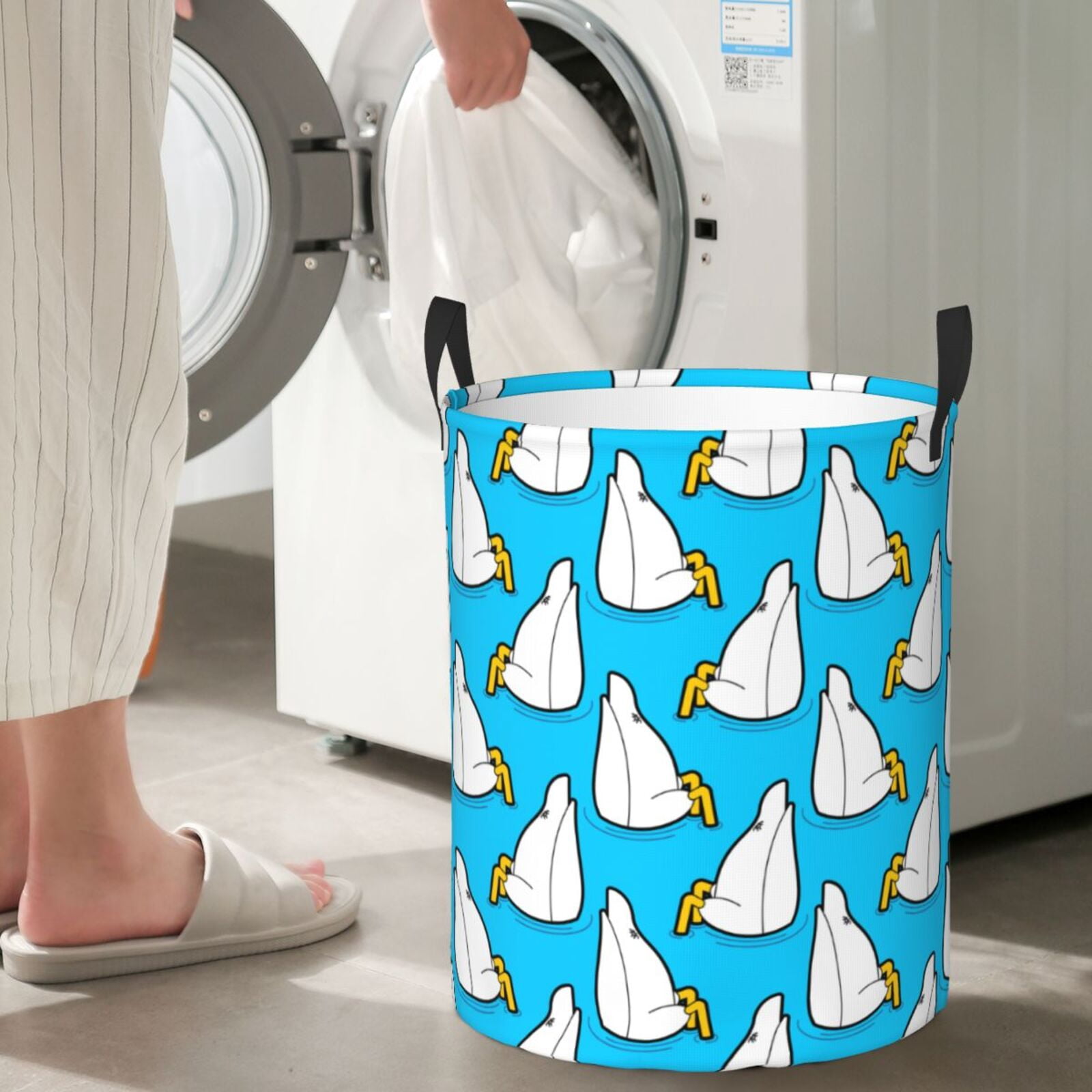 Gukieu Duck Dives Print Round Dirty Clothes Bag, Waterproof Standing Home Bathroom Storage Basket Car Trunk Storage Bag-