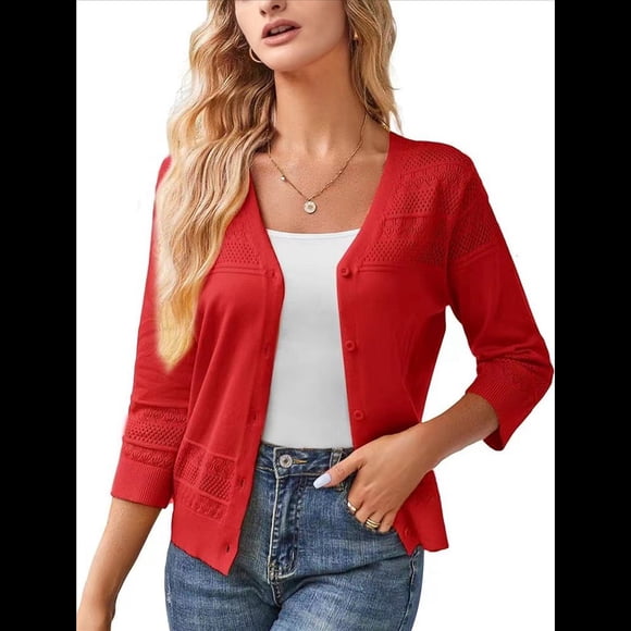 Cárdigan Corto para Mujer 2025, 3/4, Crochet, Encogimiento de Hombros, Suéter de Punto Ahuecado, Tops, Rojo M