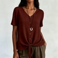 thumbnail image 4 of Lindreshi Cotton Linen Tops for Women Summer V Neck Short Sleeve Button Up Shirt With Front Placket and Lace Up Top, 4 of 8