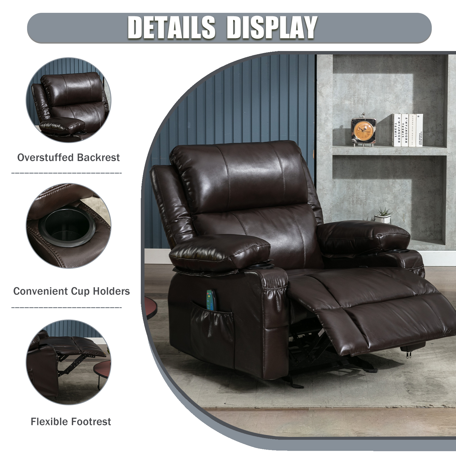 JONPONY Recliner Chair Rocker Recliner with Massage and Heat Leather ...
