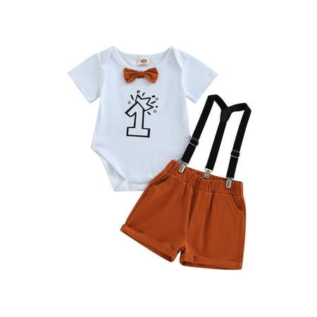 

Infant Baby Boys Gentleman My 1st Birthday Outfit Number Print Bow Romper with Suspender Overall Shorts Summer Casual Clothes