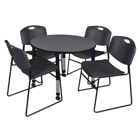 Regency 42 Round Mobile Adjustable Classroom Table- Grey & 4 Zeng Stack Chairs- Black