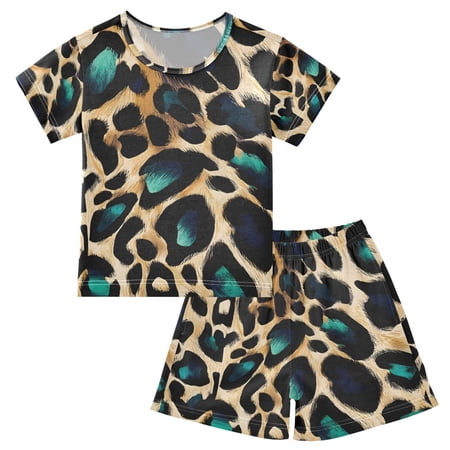 Jewel Green Leopard Print Summer Pajama Set Soft Cotton Short Sleeve Sleepwear 2PCS Pajama Sets Breathable Lounge Set Size 5Y