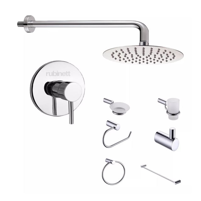 Juego Baño 8 Piezas Regadera 25cm + Monomando Regadera Cromado