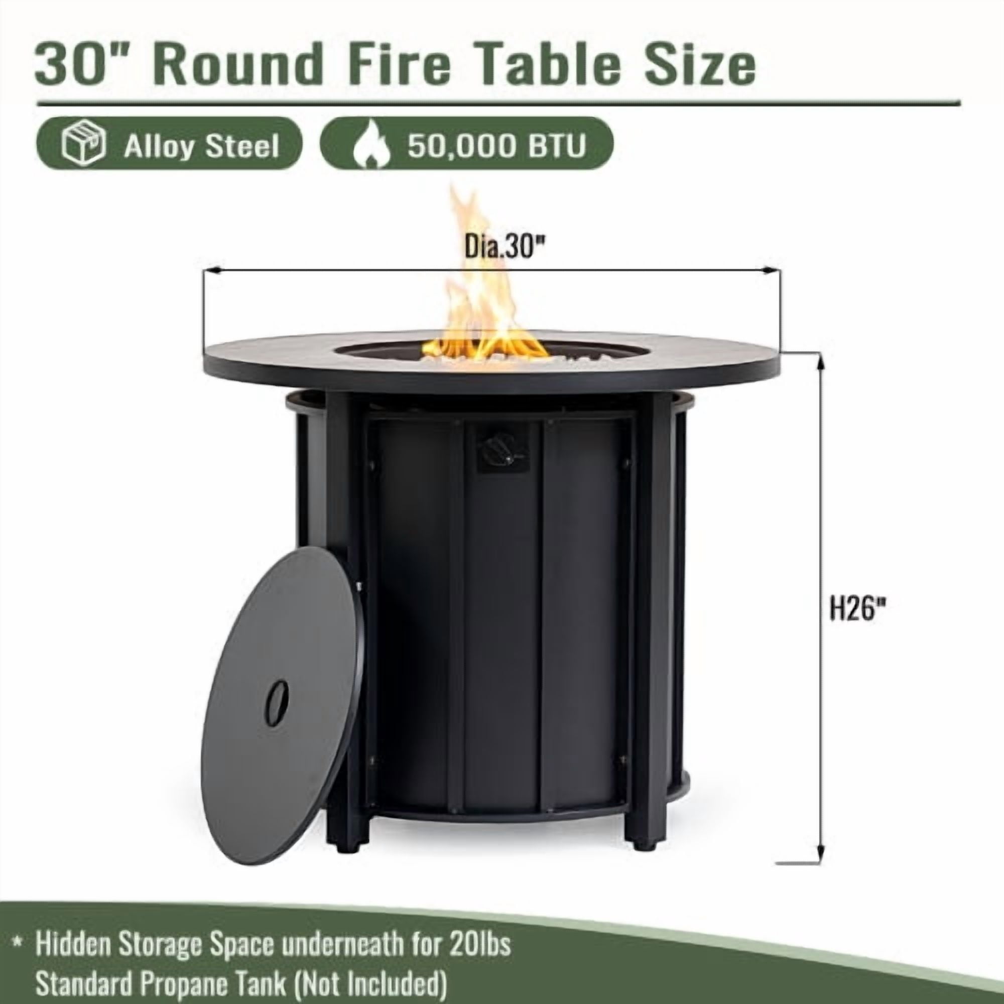 POVANLI 30" Propane Gas Fire Pit Table, 50000 BTU Round Steel Fire Pit with Wood Grain Ceramic Tabletop for Outside Patio Deck Garden Backyard- Black