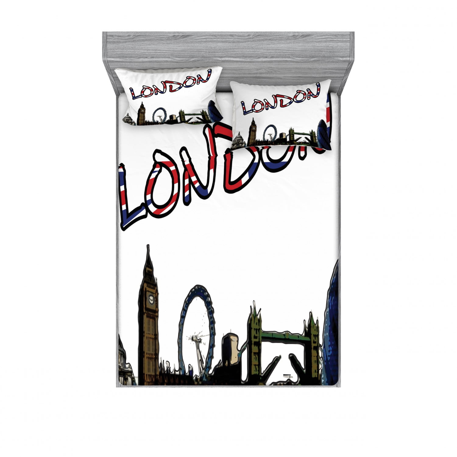 London Bedding Set with Sheet & Covers, Cartoon Drawing Style Famous