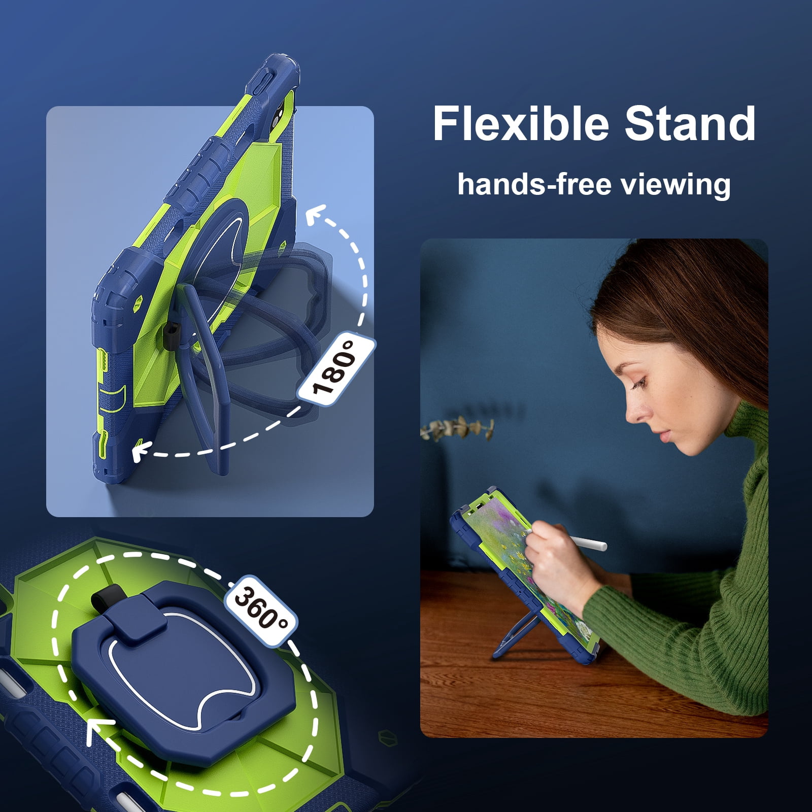 Shockproof Case for Apple iPad Air 11 Inch M4 M3 M2 2026 2025 2024, Build in Pencil Holder Rotating Stand Shoulder Strap Bumper Shockproof Rugged Kids Friendly Case Cover for iPad Air 11", Blue+Olive