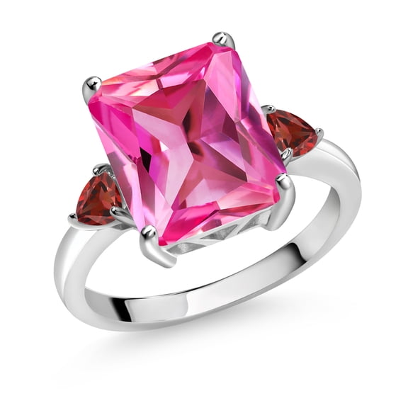 Gem Stone King 7.00 Ct Octagon Pink Created Sapphire Red Garnet 925 Sterling Silver 3-Stone Women Engagement Ring (Size 8)