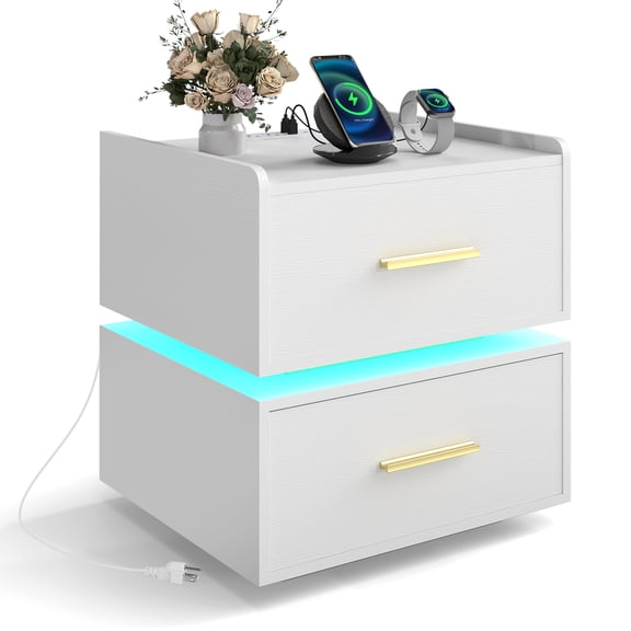 Costway 1 PCS Nightstand with Charging Station,LED Bedside Table with 2 Storage Drawers,White