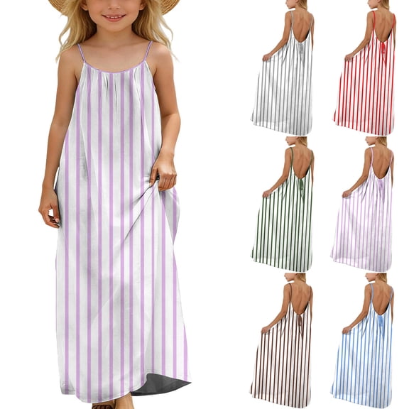 HAOTAGS Girls Maxi Dresses,Cotton Cami Gown Back Tie Stripe Long Tank Tween Beach Sundress Purple 11-12