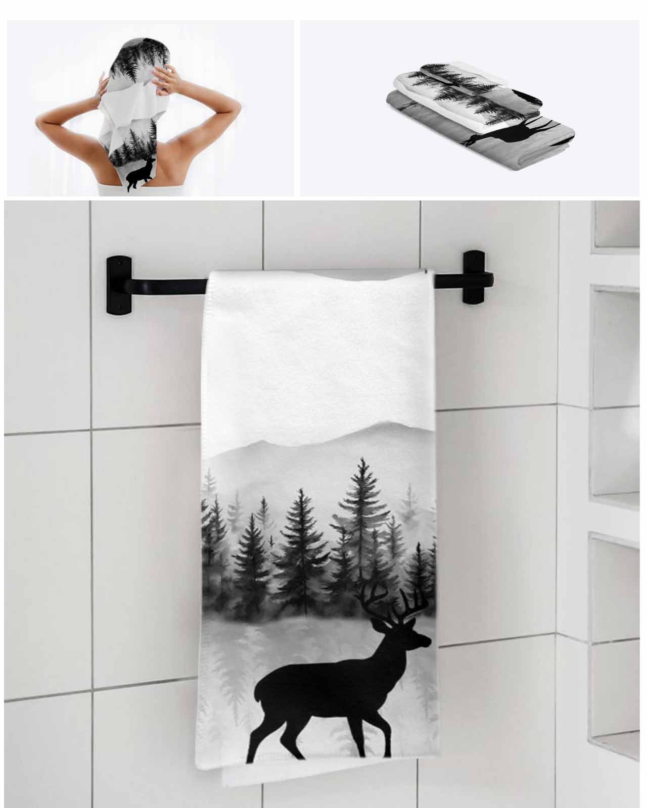 Deer Forest Bath Towels for Bathroom Set,Luxury Microfiber Towels Gifts for Women,Beach Kitchen Hand Hair Face Towel and Dish Washcloth,Retro Country Trees Mountain Nature Scenery Towels+Set
