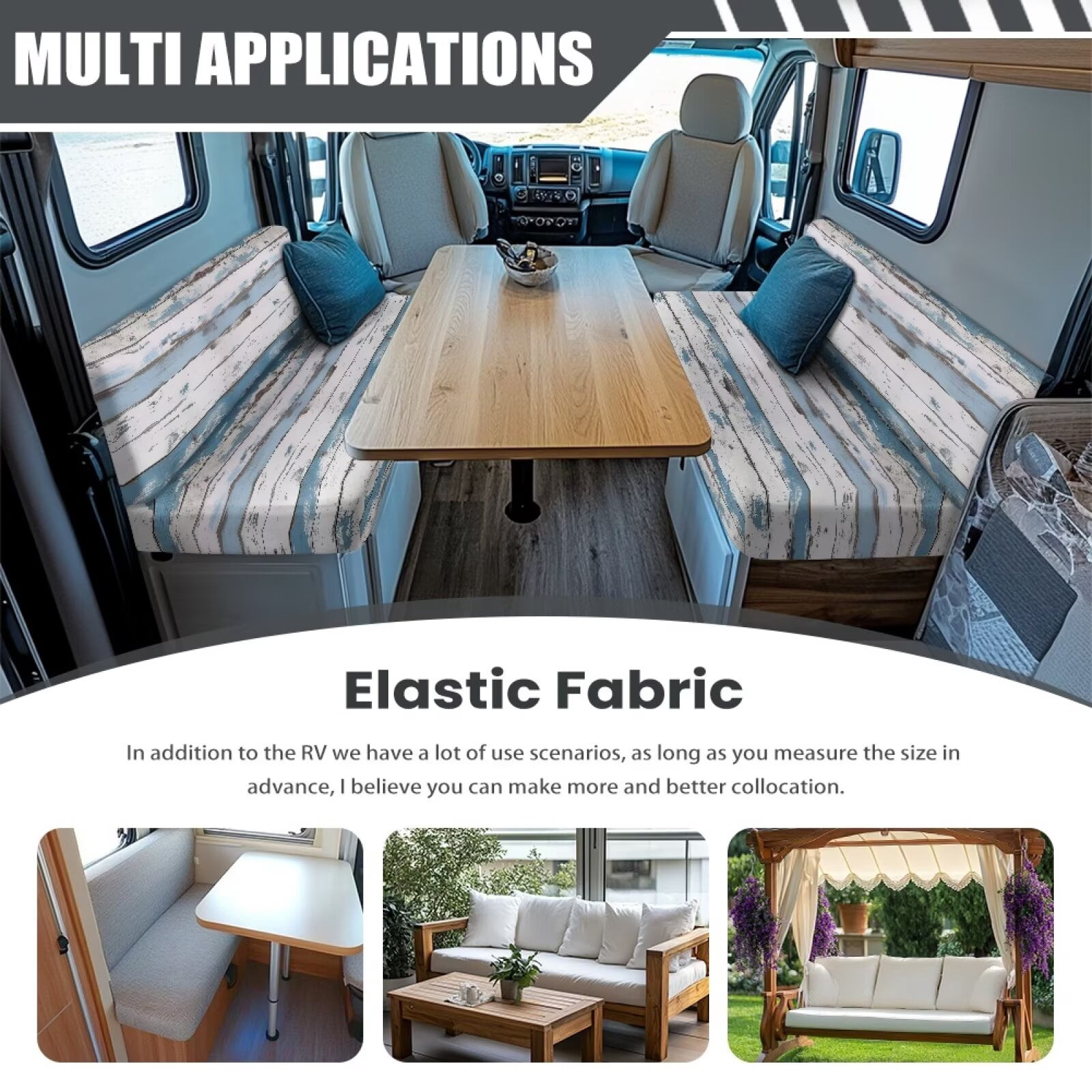Pzuqiu Wooden Print RV Dinette Cushion Covers Stretch Camper Seat Cushion Slipcovers Washable Camper Sofa Cover Furniture Protector for RV Car Bench