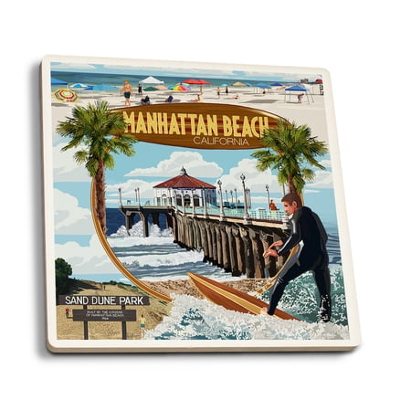 

Manhattan Beach California Montage Scenes (Absorbent Ceramic Coasters Set of 4 Matching Images Cork Back Kitchen Table Decor)