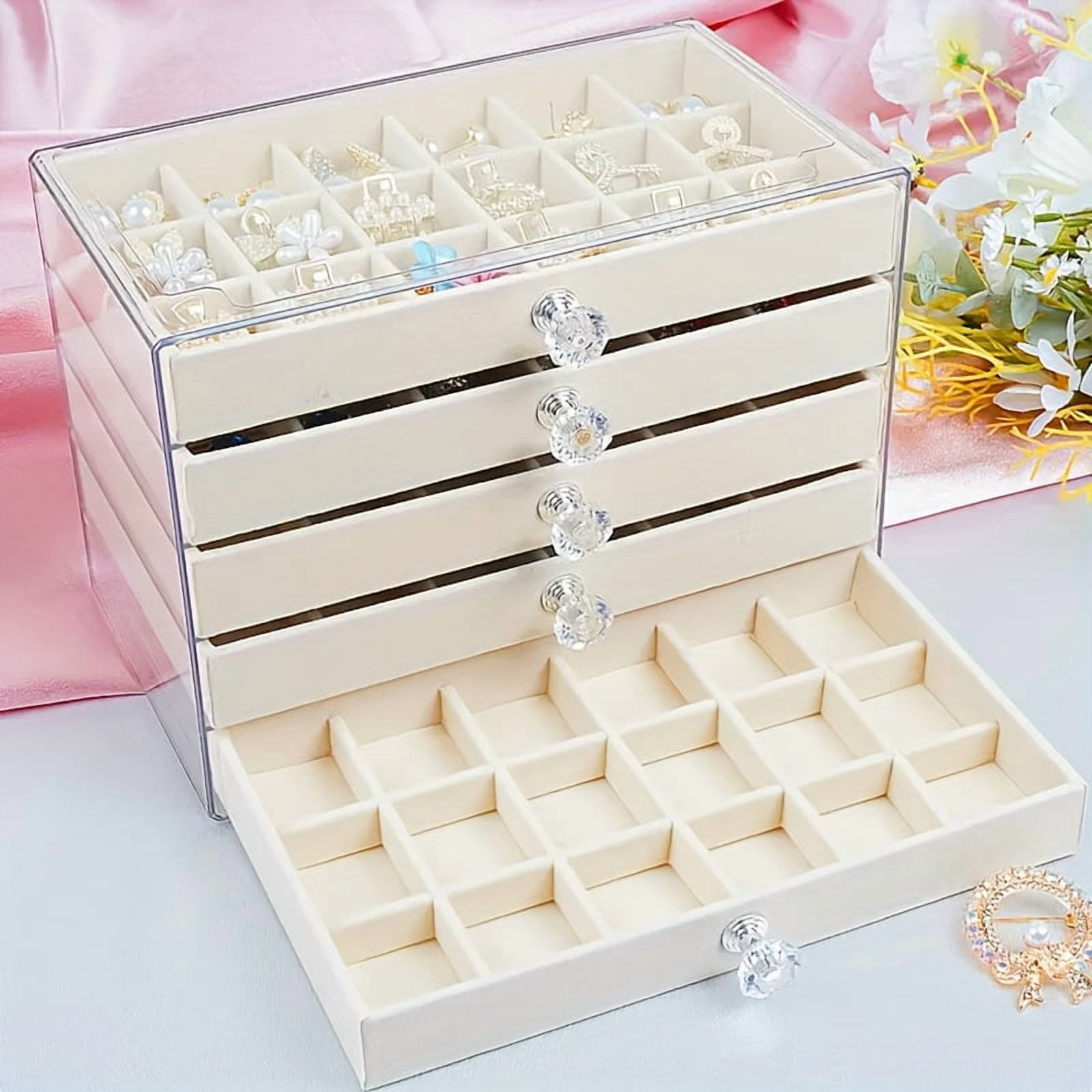 5 Drawer Jewelry Organizer Box, 90 Compartments Large Capacity Storage Case with Divided Drawers Velvet Lining, Jewelry Display Chest for Earrings Rings Necklaces Home Storage