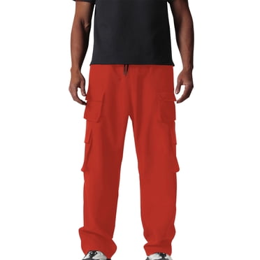 PiGOGI Men's Work Pants Solid Color Drawstring Elastic Waistband Multi Pocket Casual Comfortable Outdoor Hiking Jogging Orange XL
