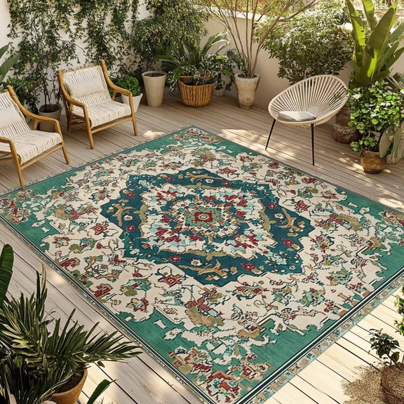 Fsddascl Beige Turquoise Boho Outdoor Rug for Patio/Deck/Porch, Non-Slip Large Area Rug 5 x 8 Ft, Medieval Vintage Ethnic Floral Indoor Outdoor Rugs Washable Area Rugs, Camping Rug Carpet Runner