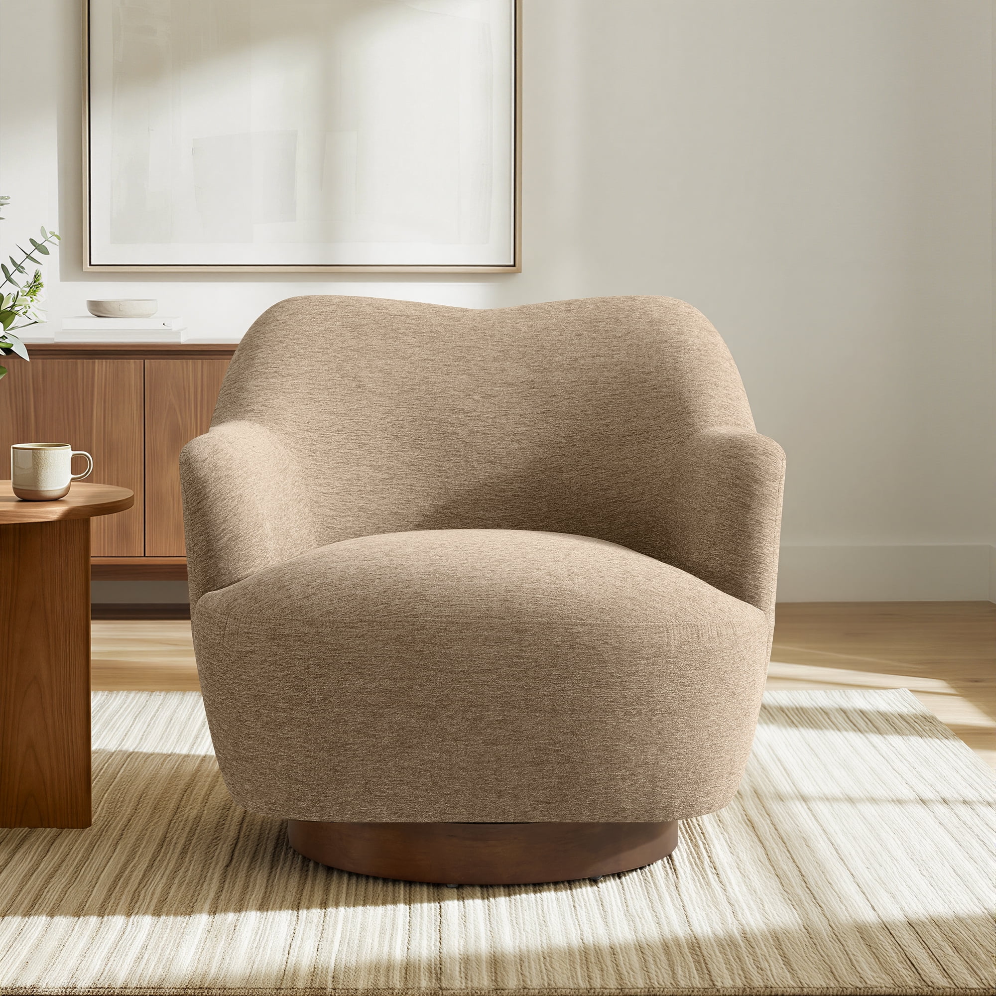 Spruce & Spring Swivel Accent Chair, Upholstered Barrel Armchair for Living Room Bedroom Reading Nook, Sand