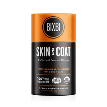 BIXBI Dog & Cat Skin & Coat Support, 2.12 oz (60 g) - All Natural Organic Pet Superfood - Daily Mushroom Powder Supplement - USA Grown & USA Made - Veterinarian Recommended for Dogs &
