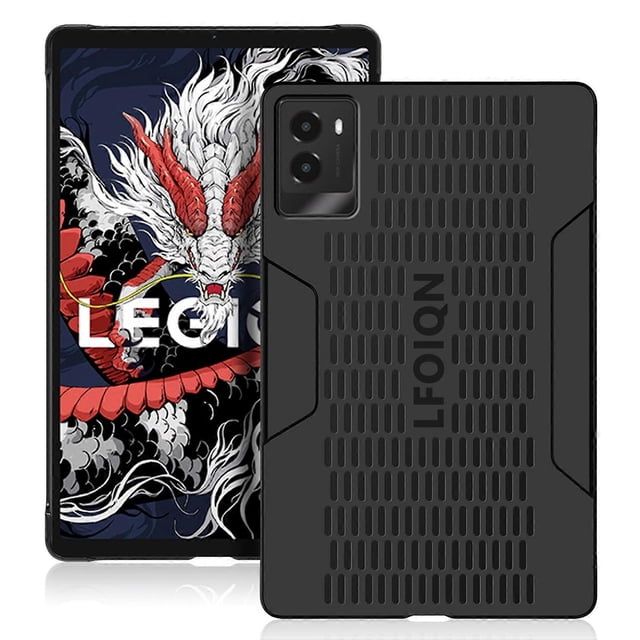 for lenovo legion y700 (2024) case ultra thin dropproof hard pc tablet back cover funda para Lenovo Legion Y700 (2024) en negro, vista 3/4 posterior y frontal: carcasa rígida de PC ultradelgada con patrón de rejilla para disipación de calor, letras verticales en el reverso, esquinas reforzadas contra caídas y orificios precisos para cámara, parlantes y puerto de carga; perfil delgado y textura mate. A menudo se usa también como cubierta protectora ligera para transporte diario.