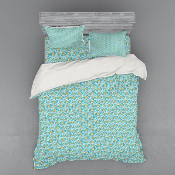 Ambesonne Floral Bedding Set 4 Pcs, Blossoming Daisy Rural Field, Queen, Pale Blue Orange