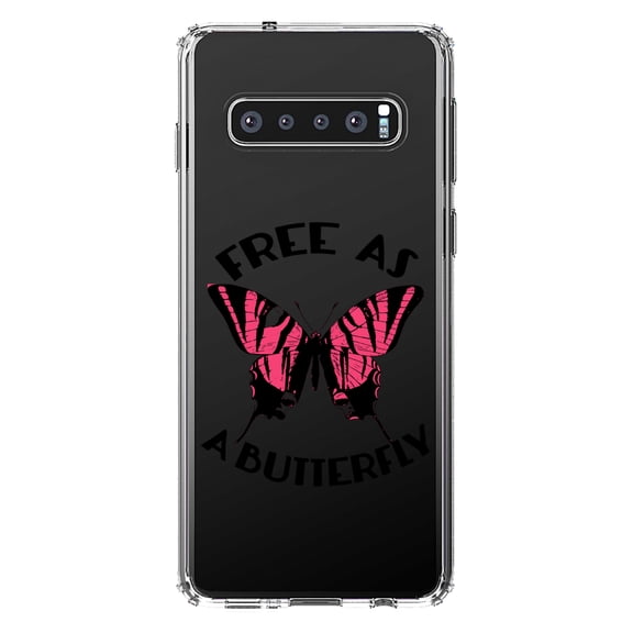 DistinctInk Clear Shockproof Hybrid Case for Samsung Galaxy S10 (6.1" Screen) - TPU Bumper Acrylic Back Tempered Glass Screen Protector - Free as a Butterfly - Pink