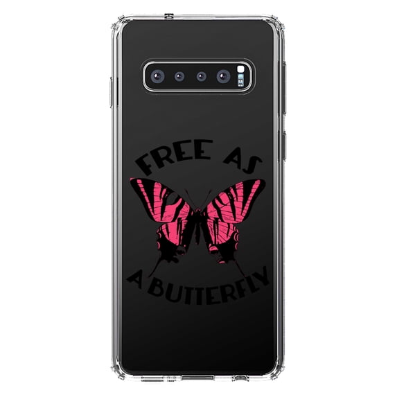 DistinctInk Clear Shockproof Hybrid Case for Samsung Galaxy S10 (6.1" Screen) - TPU Bumper Acrylic Back Tempered Glass Screen Protector - Free as a Butterfly - Pink