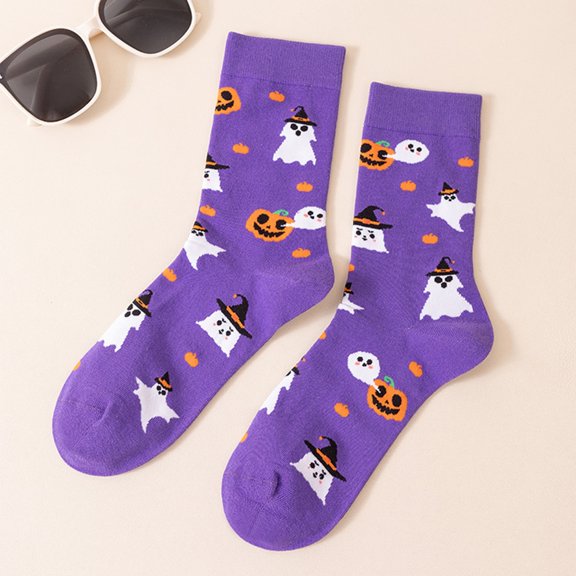 Halloween Crew Socks Cotton Blend Mid Calf Novelty Socks For Women And Men, Autumn Winter Printed Casual Daily Wear, Purple Ghost Cat Pattern, Funny Holiday Gift, Unisex Soft Breathable Stretchy Sock