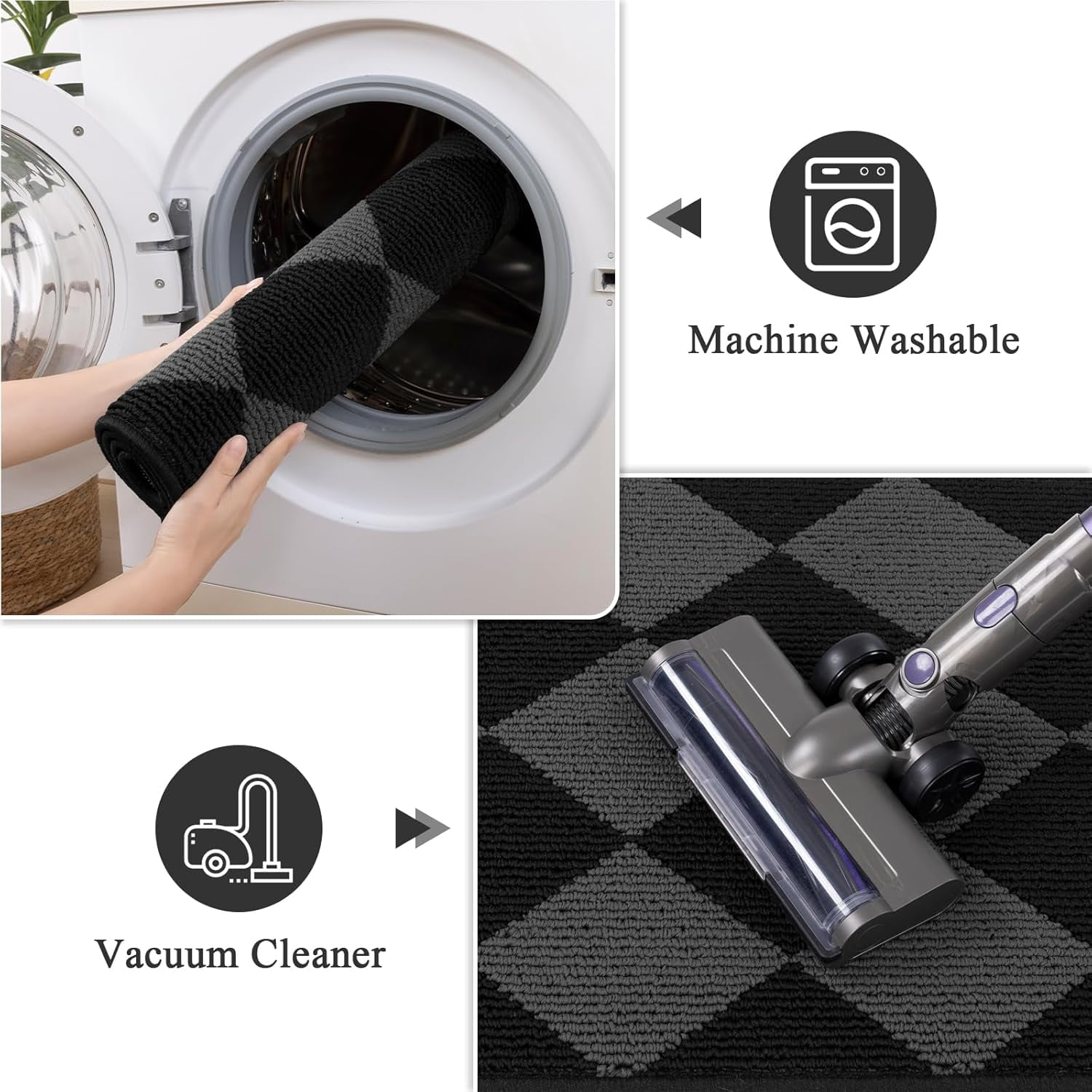 MeyJey Diamond Plaid Kitchen Rugs Sets of 3, Non Slip Kitchen Floor Mats Washable Kitchen Rug, Black Gray